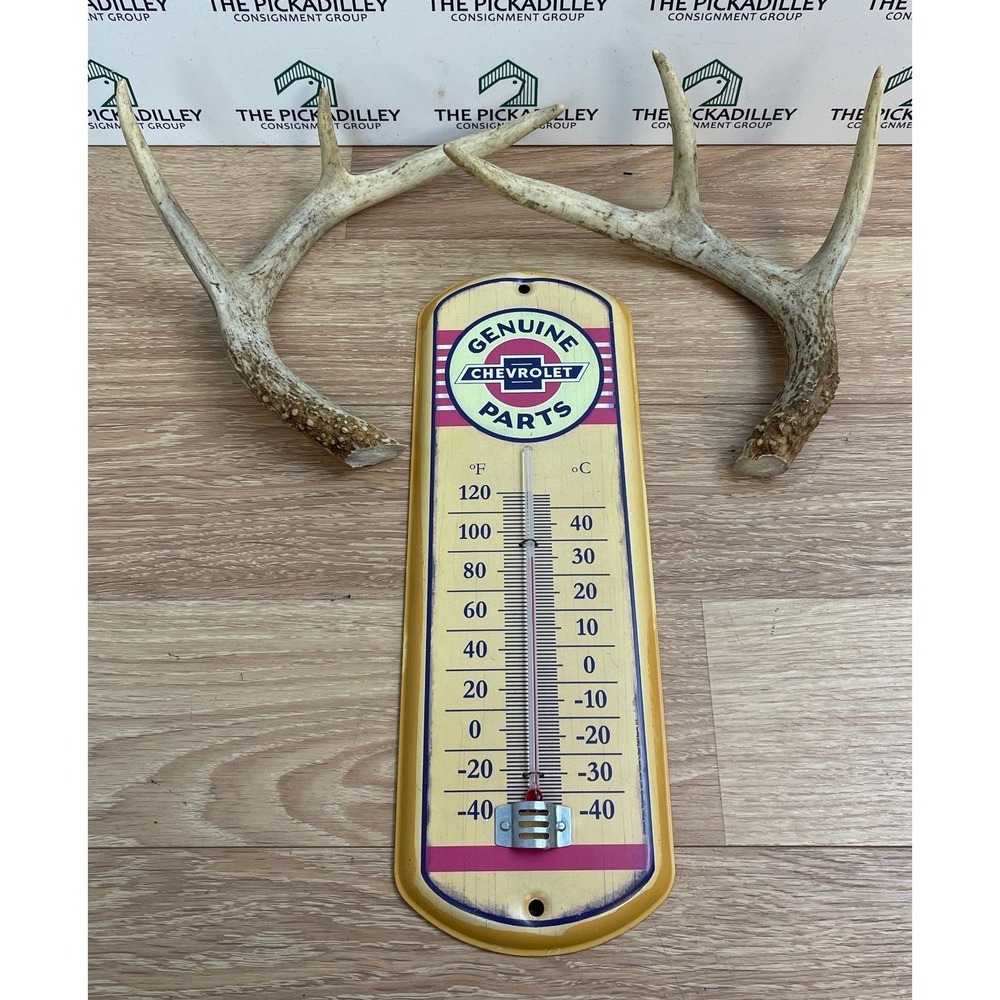 Chevrolet Genuine Parts Metal Thermometer and Real Deer Antler Sheds Set